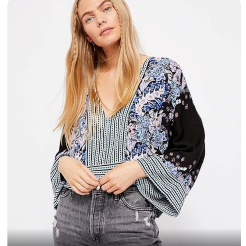 Free People Mix And Match Floral Striped Top V Neck  Bell Sleeves Size Small